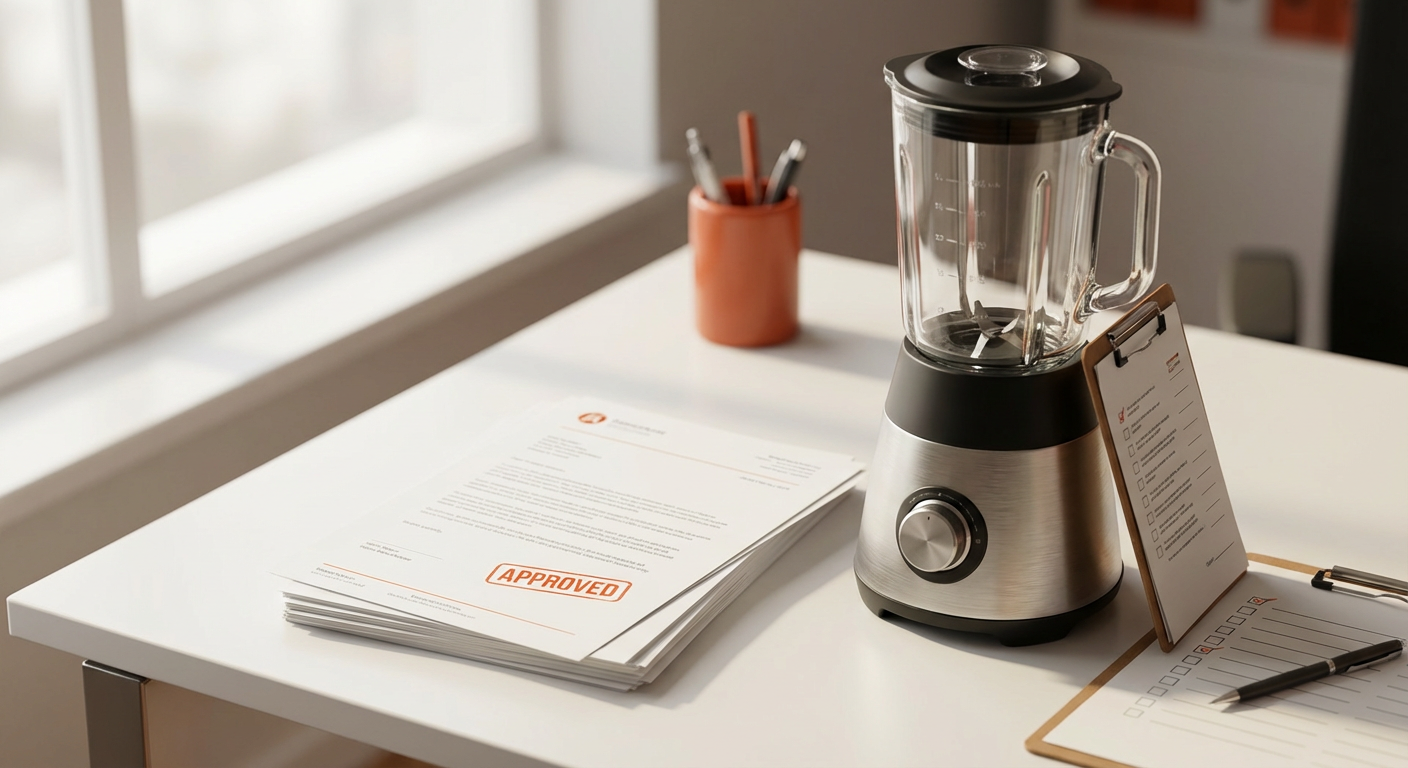 Документы сертификации EAC и блендер на рабочем столе в офисе