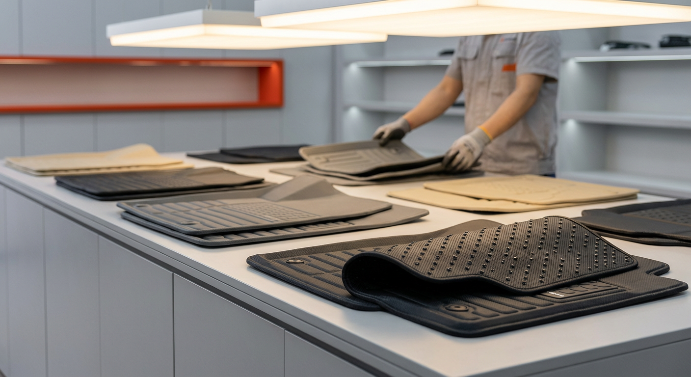 Выставочный зал с коврами для автомобилей на китайской фабрике автоаксессуаров