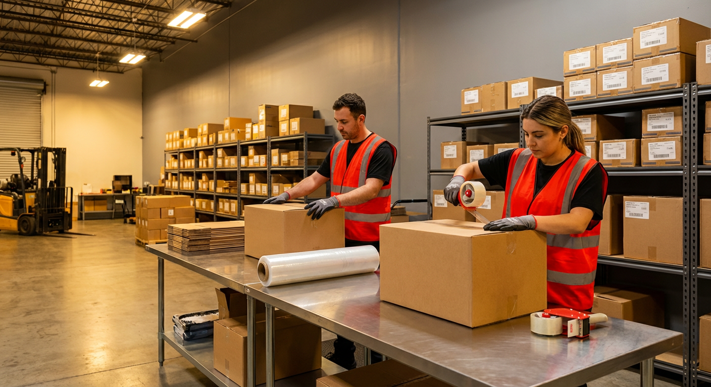 Рабочие склада упаковывают коробки с товаром на китайском карго-складе