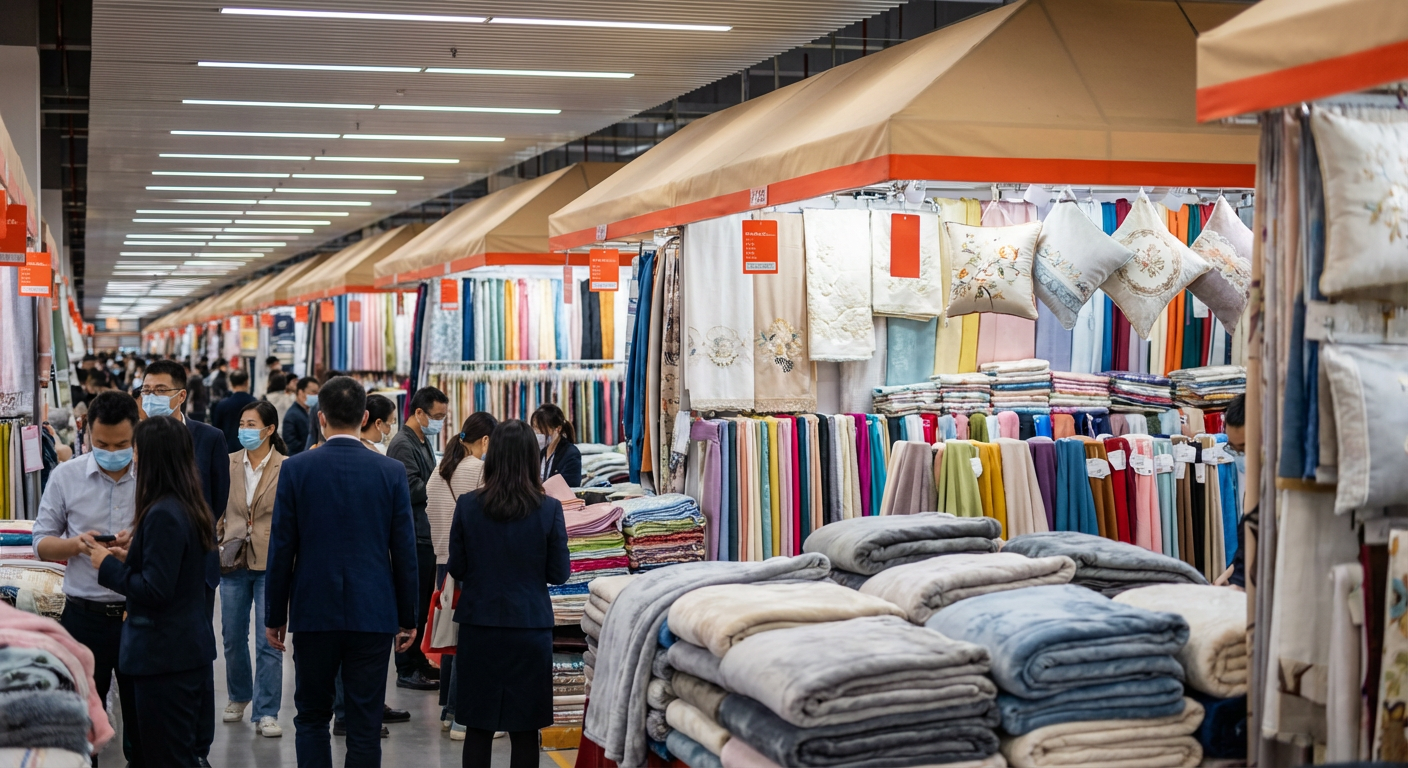 Оптовый рынок текстиля в Китае с прилавками тканей, пледов и декоративных подушек, покупатели между рядами