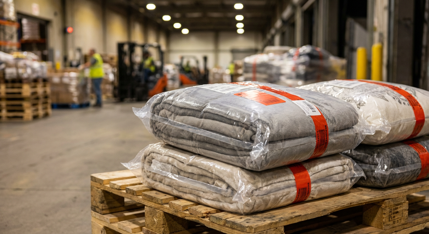 Вакуумно упакованные пледы и подушки на паллете, готовые к карго-отправке из Китая в Россию