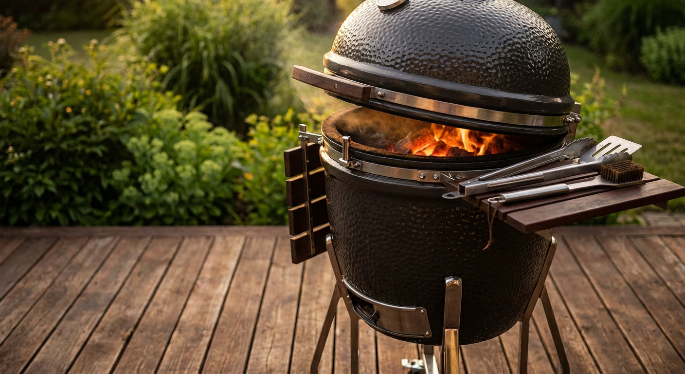 Премиальный керамический камадо-гриль на деревянной террасе загородного дома вечером