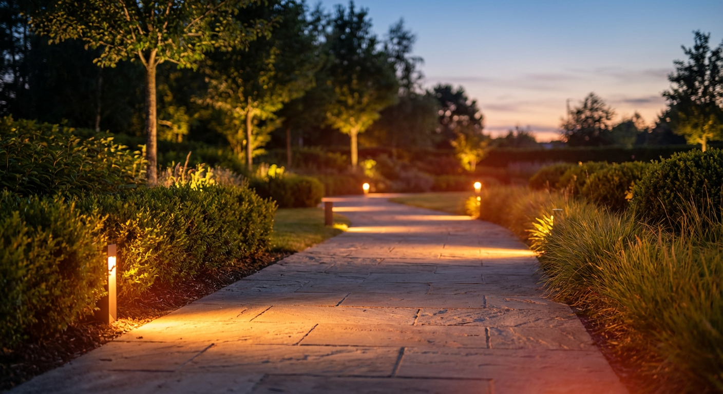 Освещённая садовая дорожка с тёплыми LED-светильниками в сумерках на загородном участке