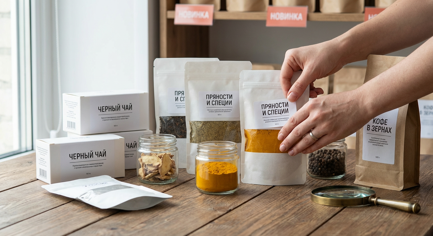 Упаковки специй, чая и кофе из Китая с русскоязычными этикетками для рынка ЕАЭС на рабочем столе