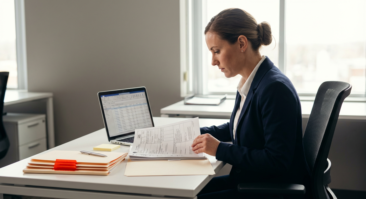 Специалист по логистике изучает импортные документы и сертификаты для таможенного оформления за рабочим столом