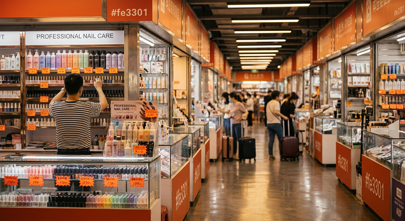 Оживлённые торговые ряды оптового рынка косметики в Гуанчжоу с витринами товаров
