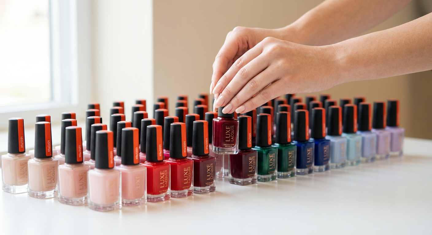 Профессиональные гель-лаки для маникюра аккуратно расставленные рядами на белом столе