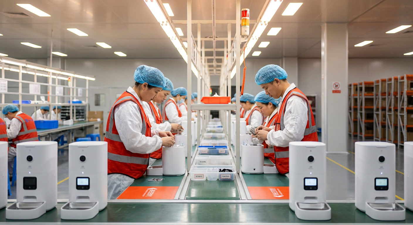 Рабочие китайской фабрики собирают умные автоматические кормушки для домашних животных на конвейере