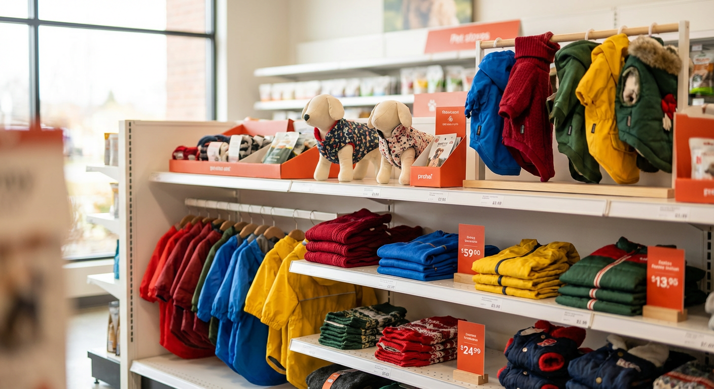 Яркая одежда для собак на полках зоомагазина — разноцветные свитера, дождевики и костюмы для мелких пород