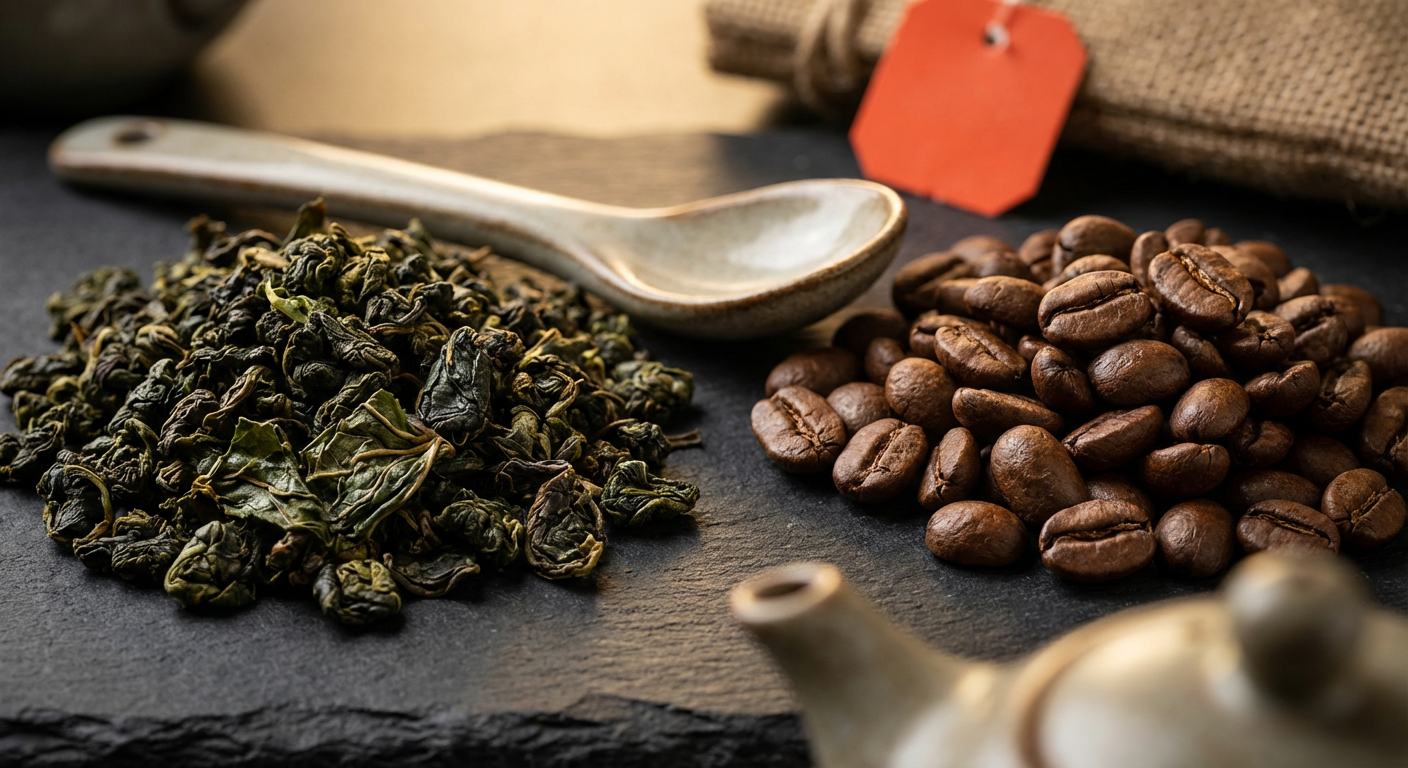 Крупный план листьев китайского улуна и зёрен юньнаньской арабики на тёмной поверхности