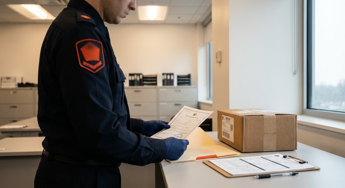 Таможенный инспектор проверяет документы на груз на пограничном контрольном пункте