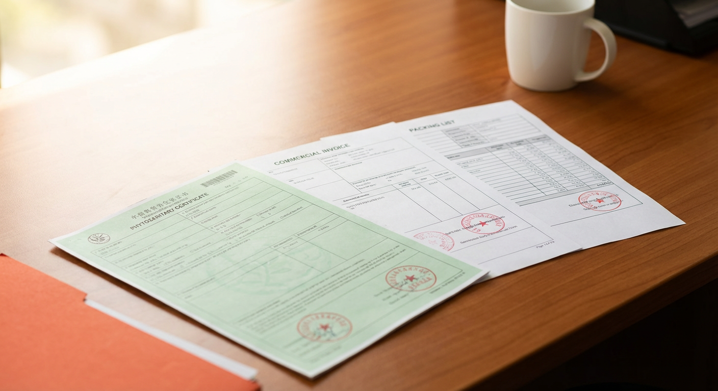 Экспортные документы для ввоза сухофруктов и орехов из Китая — фитосанитарный сертификат, инвойс и упаковочный лист на столе