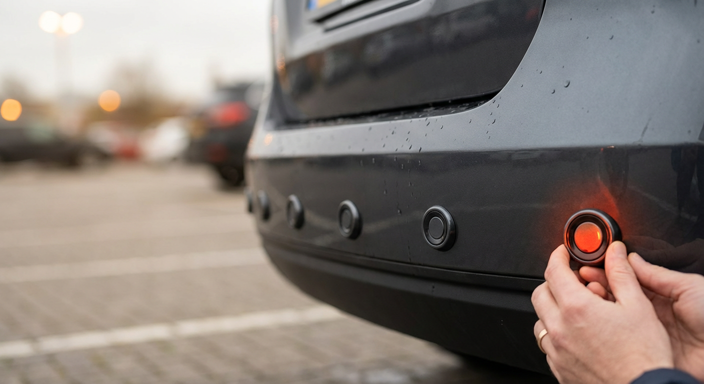 Парктроники на заднем бампере автомобиля крупным планом — ультразвуковые датчики для парковки