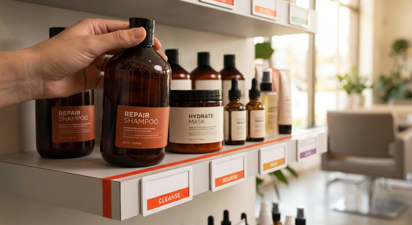Профессиональные флаконы с шампунями и масками для волос на полке в салоне красоты
