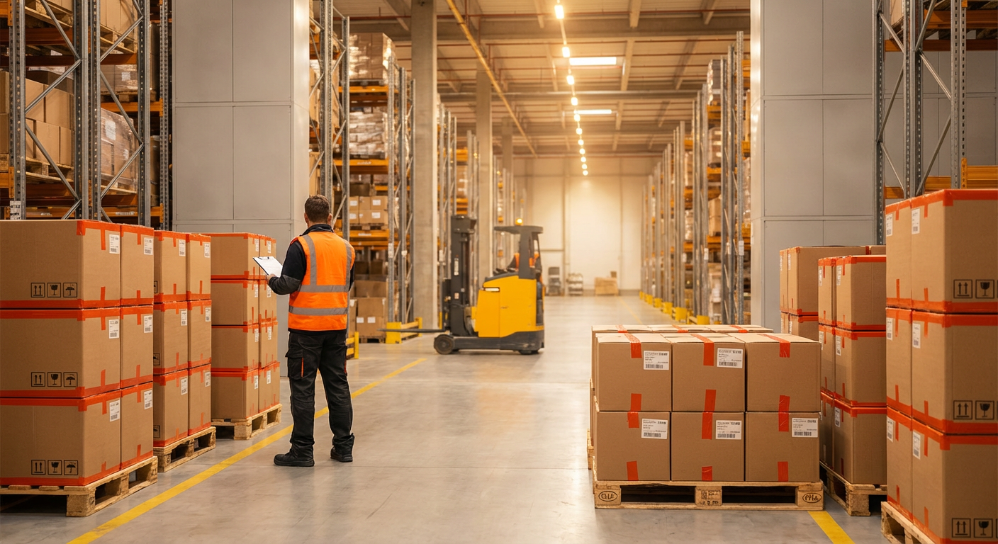 Склад логистической компании с коробками для карго-доставки грузов из Китая на экспорт