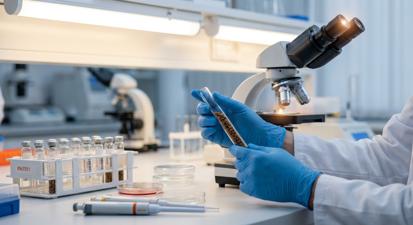 Лабораторное тестирование образцов сухого корма для животных с микроскопом и пробирками