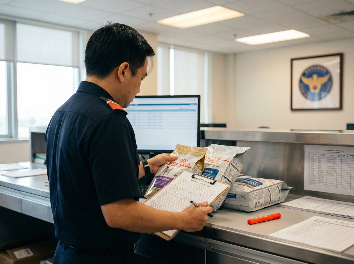 Ветеринарный инспектор проверяет документы и упаковки импортных кормов на таможне