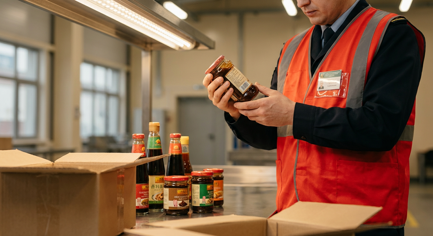 Инспектор таможни проверяет стеклянные банки с соусом на терминале порта Владивосток