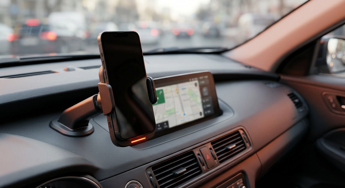 Держатель смартфона с беспроводной зарядкой на торпедо автомобиля крупным планом