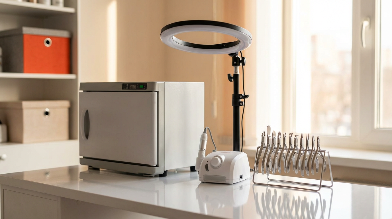 Рабочее место бьюти-мастера с китайским оборудованием: стерилизатор, кольцевая лампа, фрезер и инструменты на белом столе