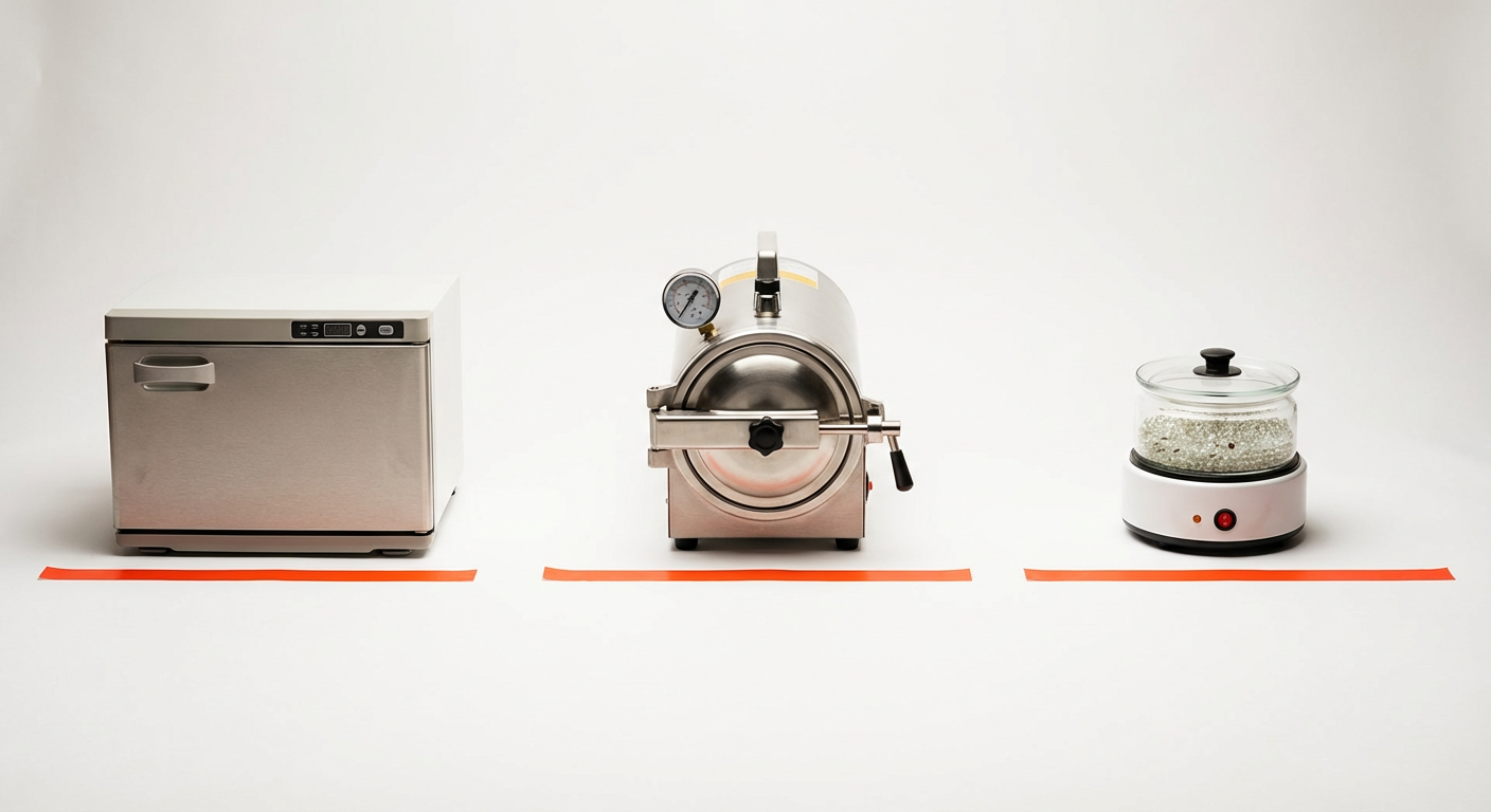 Сравнение трёх типов стерилизаторов для бьюти из Китая: сухожаровой шкаф, автоклав класса B и шариковый стерилизатор на белом фоне