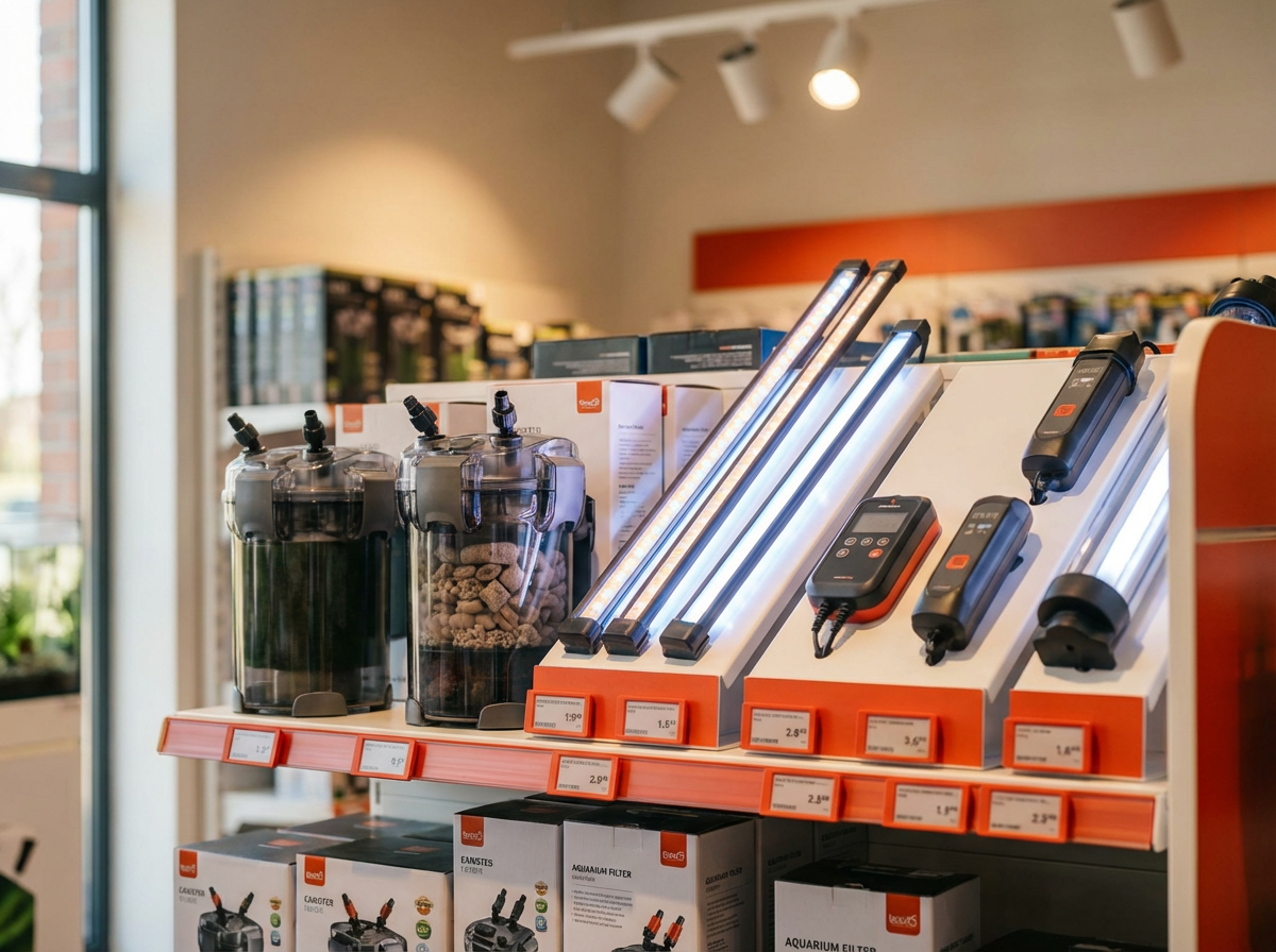 Стеллаж с аквариумными фильтрами и LED-светильниками в демонстрационном зале поставщика оборудования