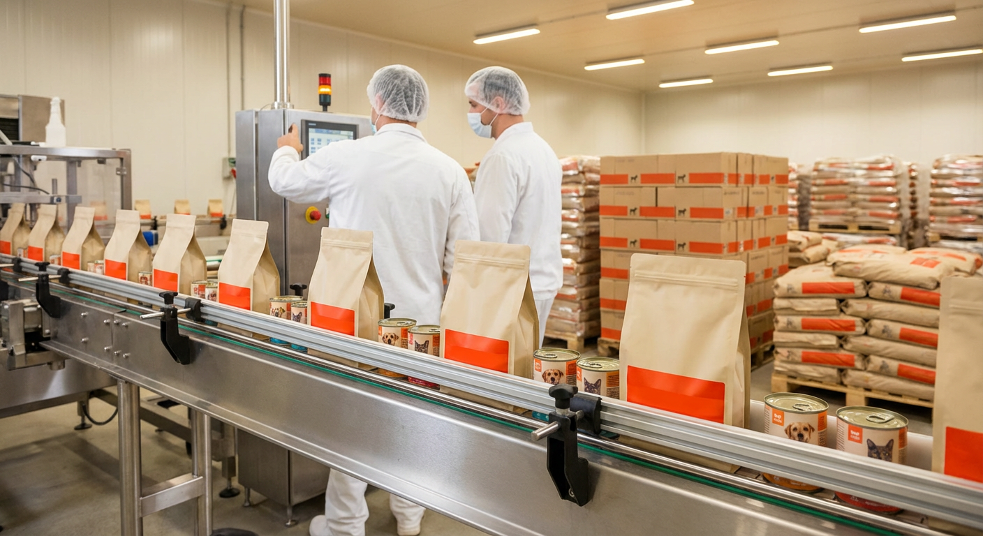 Производственная линия китайского завода по выпуску кормов для собак и кошек на экспорт