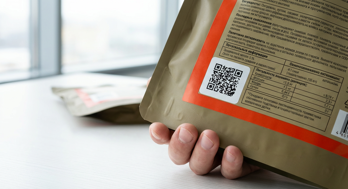 Этикетка Data Matrix и русскоязычная маркировка на упаковке корма для животных