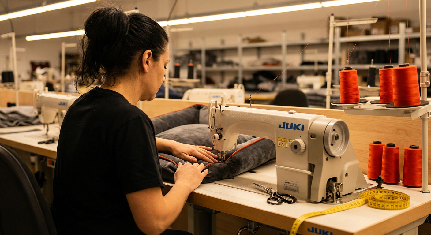 Работница фабрики шьёт на промышленной машине лежанку для собаки из плюшевой ткани