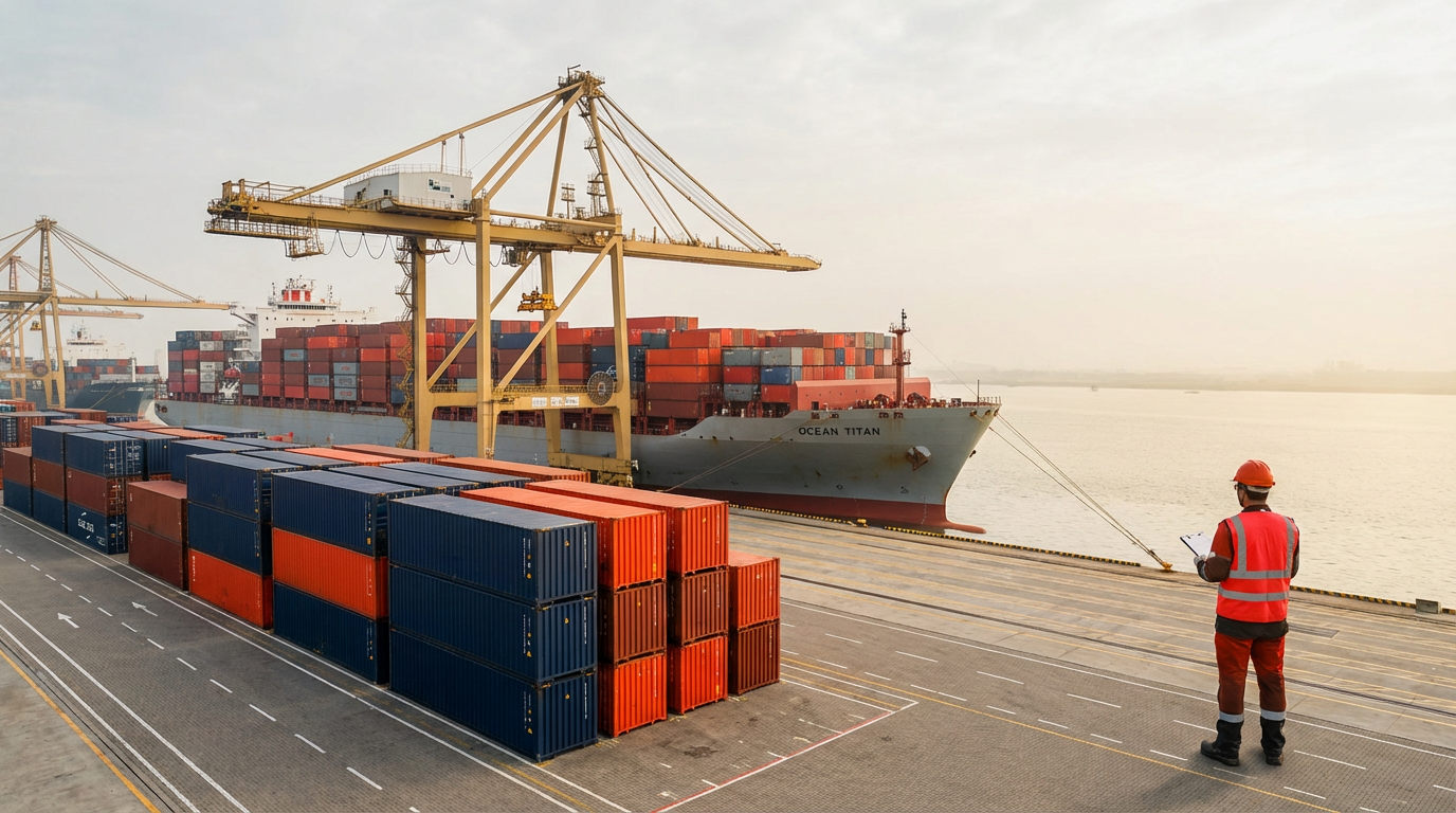 Грузовое контейнерное судно у причала китайского порта с рядами оранжевых и серых контейнеров