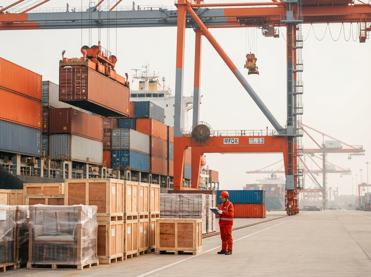 Погрузка грузовых контейнеров с мебелью в китайском порту с краном и логистом на причале