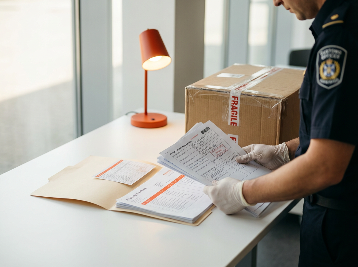 Таможенный офицер проверяет документы на мебель из Китая на пограничном пункте досмотра