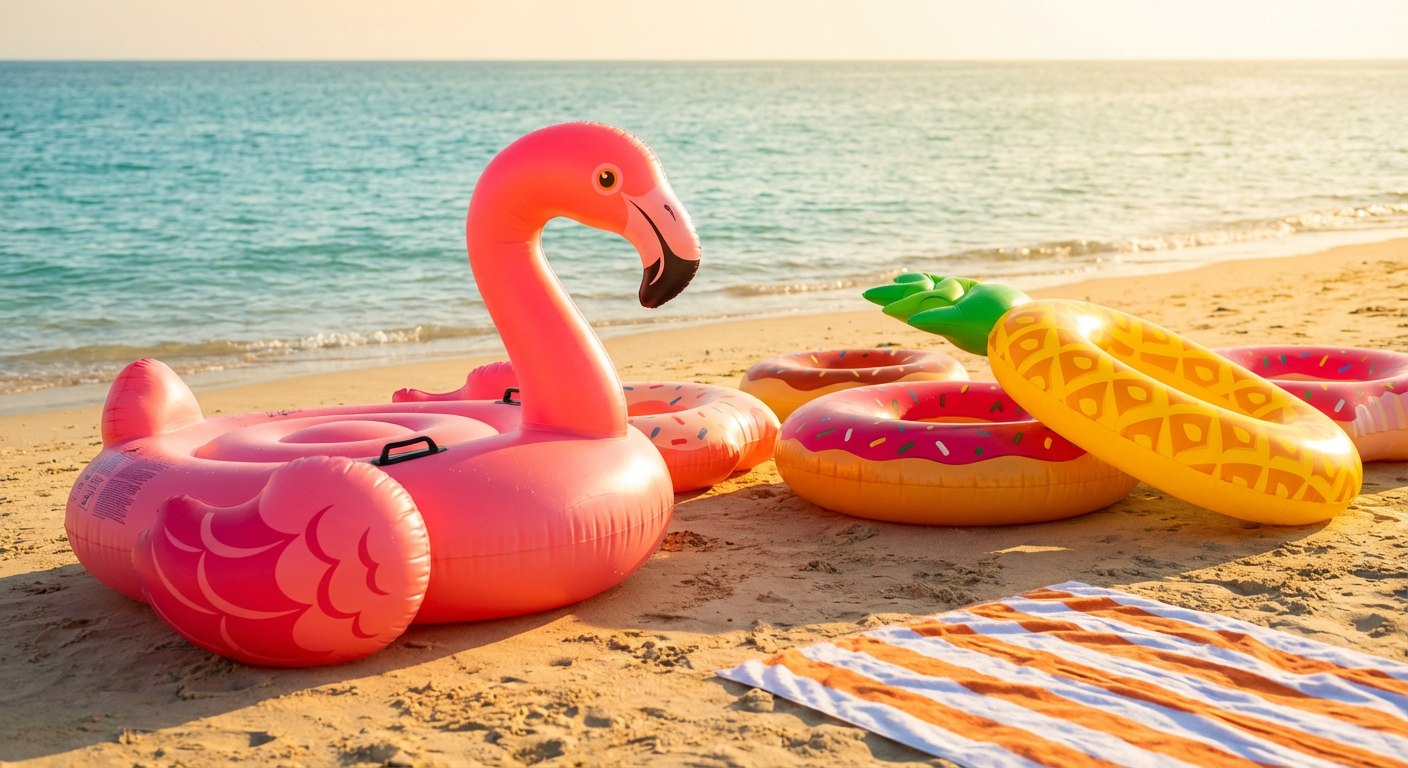 Яркие надувные изделия в форме фламинго и пончиков на солнечном пляже у кромки воды