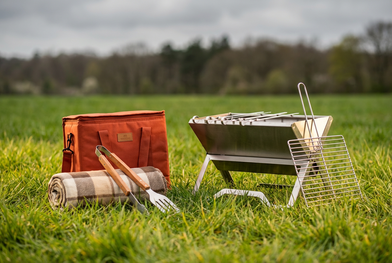 Переносной складной мангал и набор для пикника с термосумкой и шампурами на зелёной лужайке