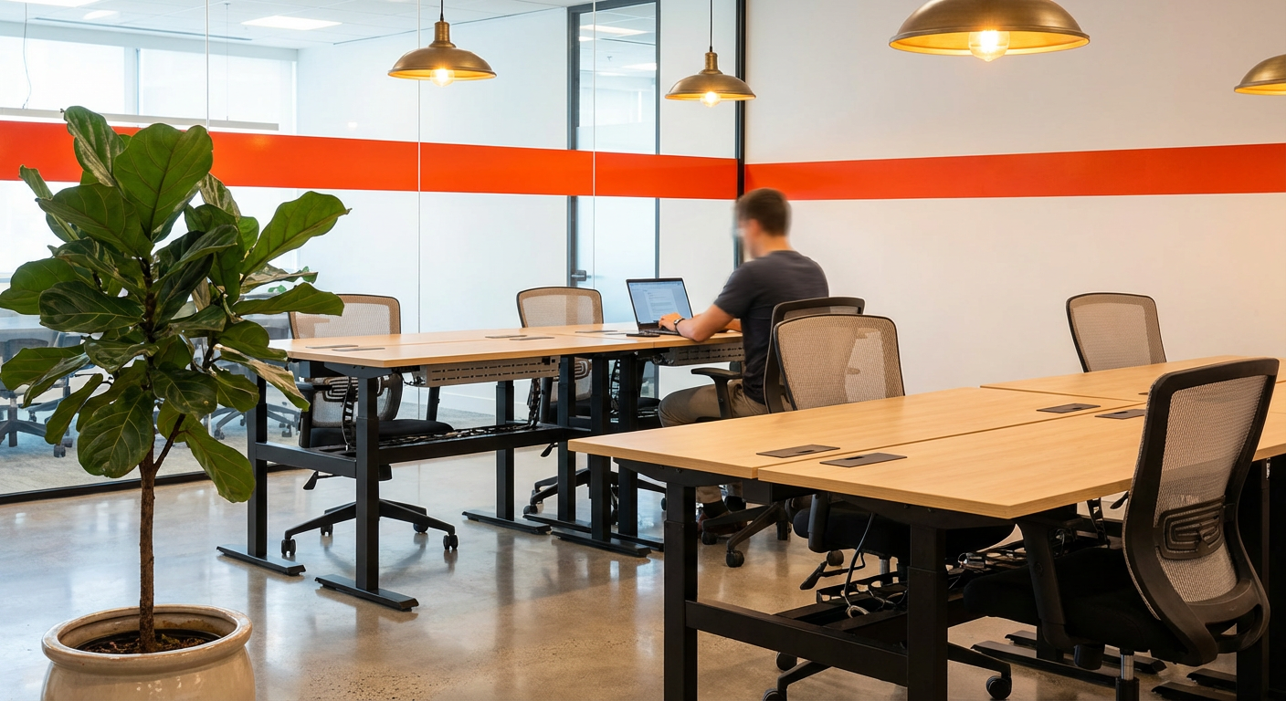 Эргономичные рабочие места с китайскими столами и сетчатыми креслами в современном коворкинге