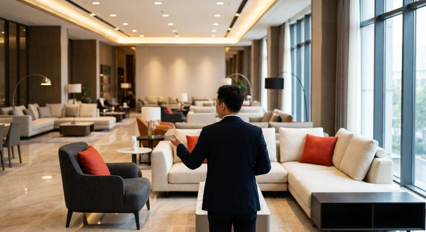 Шоурум премиальной мебели в Фошане с роскошными диванами и светлым интерьером зала