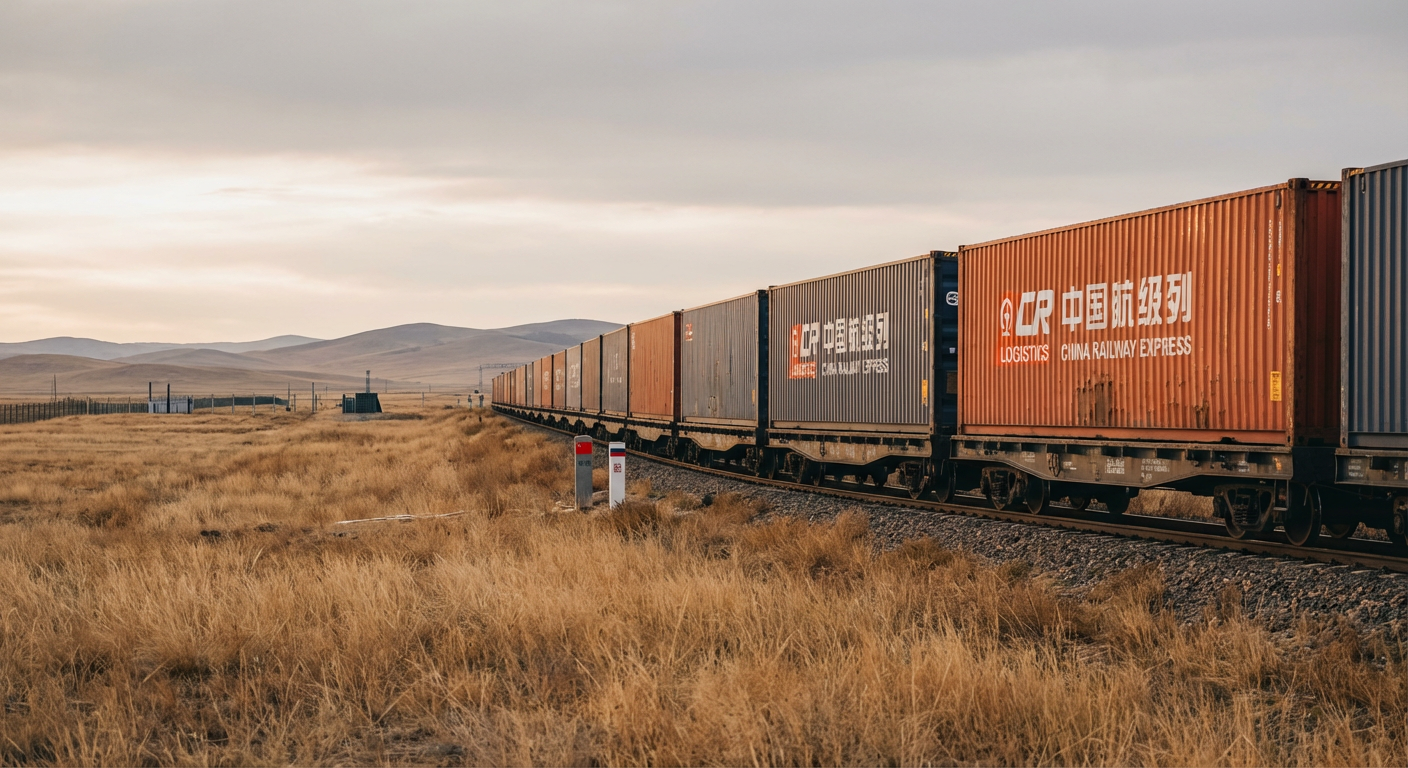 Грузовой поезд с контейнерами пересекает границу Китая и России через степной пейзаж