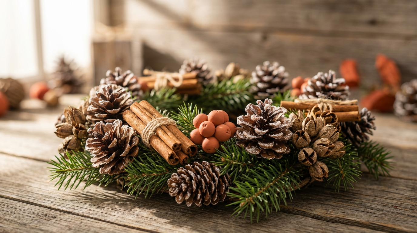 Рустикальный рождественский венок из шишек, корицы и еловых веток на деревянной поверхности