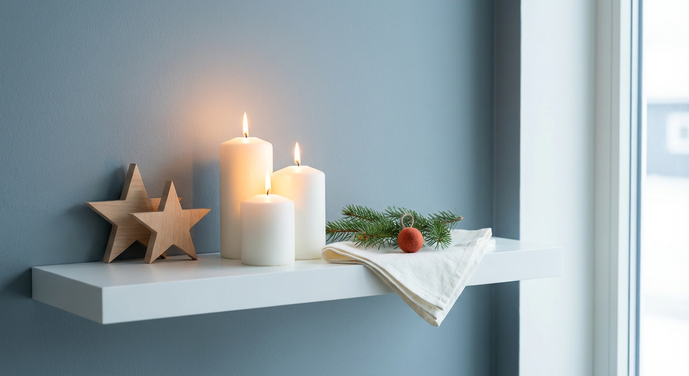 Скандинавский минималистичный новогодний интерьер с белыми свечами и деревянными звёздами