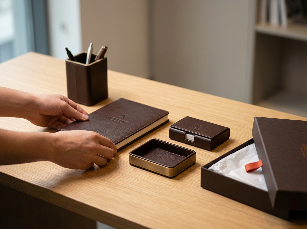 Кожаный корпоративный набор для стола с блокнотом, подставкой для ручек и визитницей с логотипом