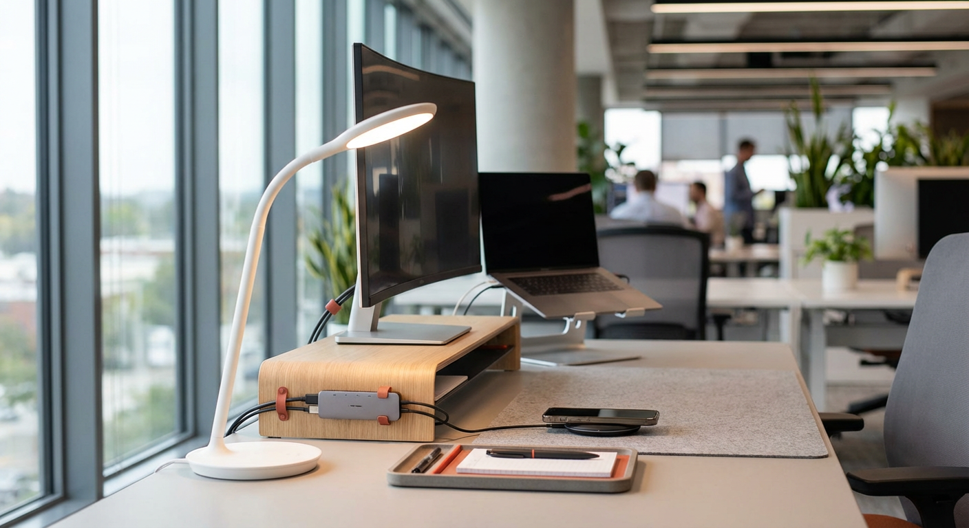 Современный офисный стол с LED-лампой, подставкой для монитора и эргономичными аксессуарами