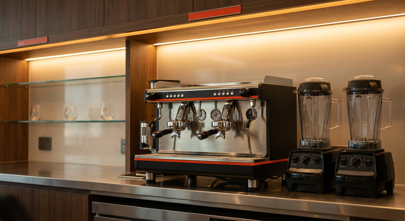 Барная стойка с профессиональной кофемашиной и блендерами в современном кафе