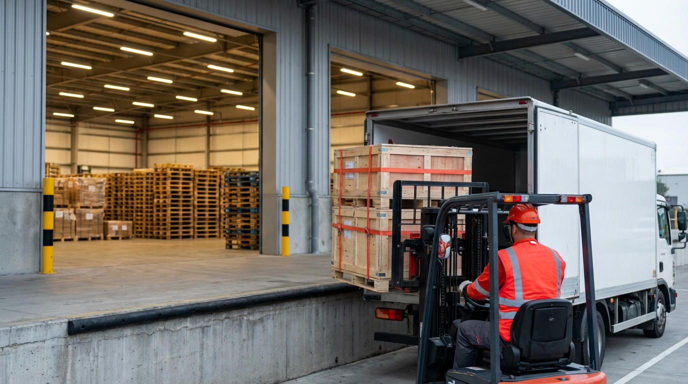 Погрузка грузового автомобиля на складе в Китае для доставки оборудования в Россию