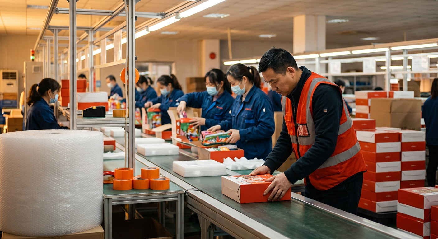 Рабочие китайской фабрики упаковывают праздничные подарочные коробки на конвейере