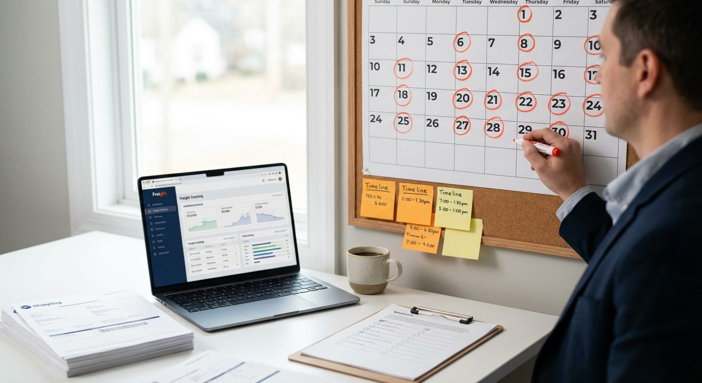 Менеджер по логистике изучает календарь отгрузок в офисе с документами по доставке