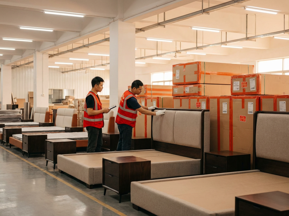 Рабочие фабрики в Фошани проверяют качество премиум-мебели для спальни перед экспортом