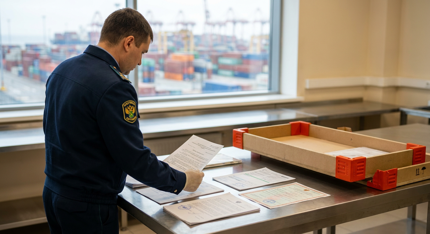 Сотрудник таможни во Владивостоке проверяет документы на мебельный груз из Китая
