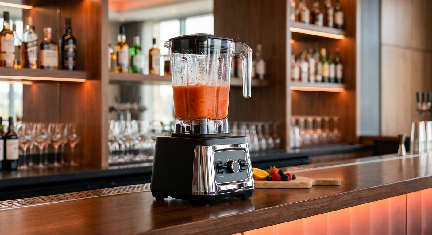 Профессиональный блендер на барной стойке современного ресторана с подсветкой и свежими ингредиентами