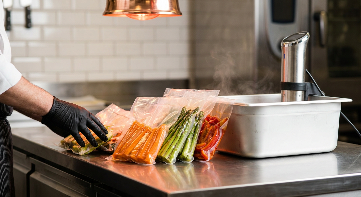 Вакуумные пакеты с овощами для су-вид приготовления на профессиональной кухне ресторана