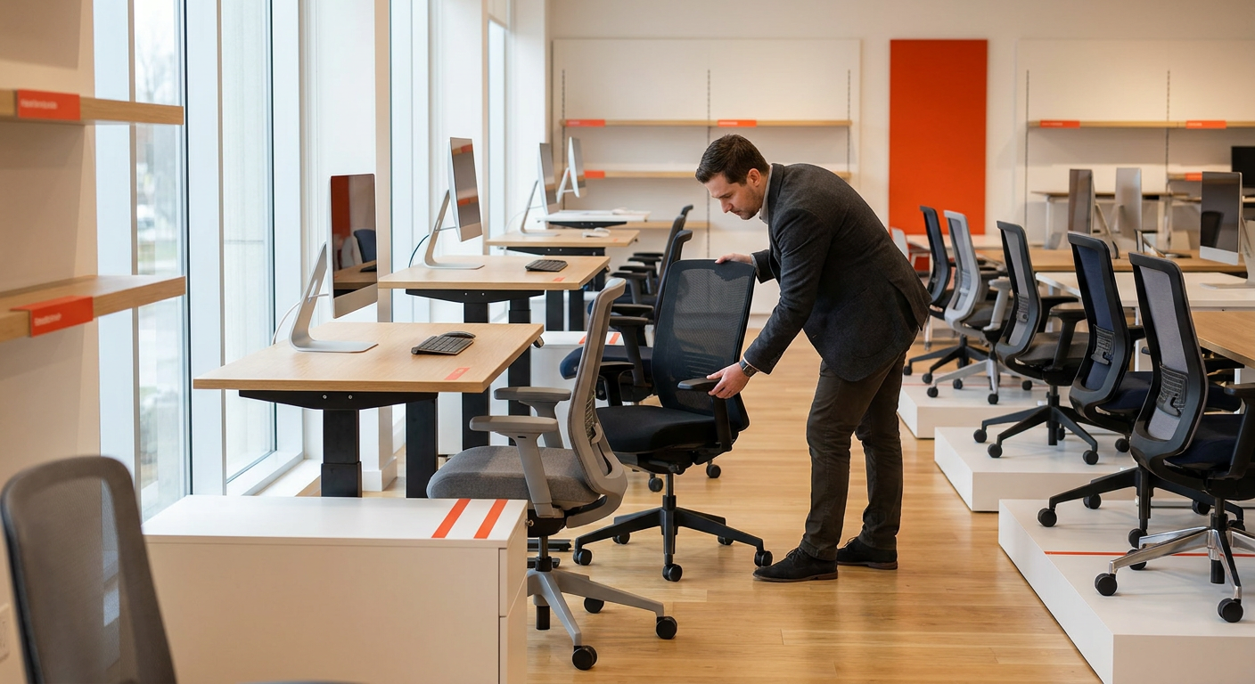 Шоурум китайской офисной мебели с эргономичными креслами и электрическими подъёмными столами